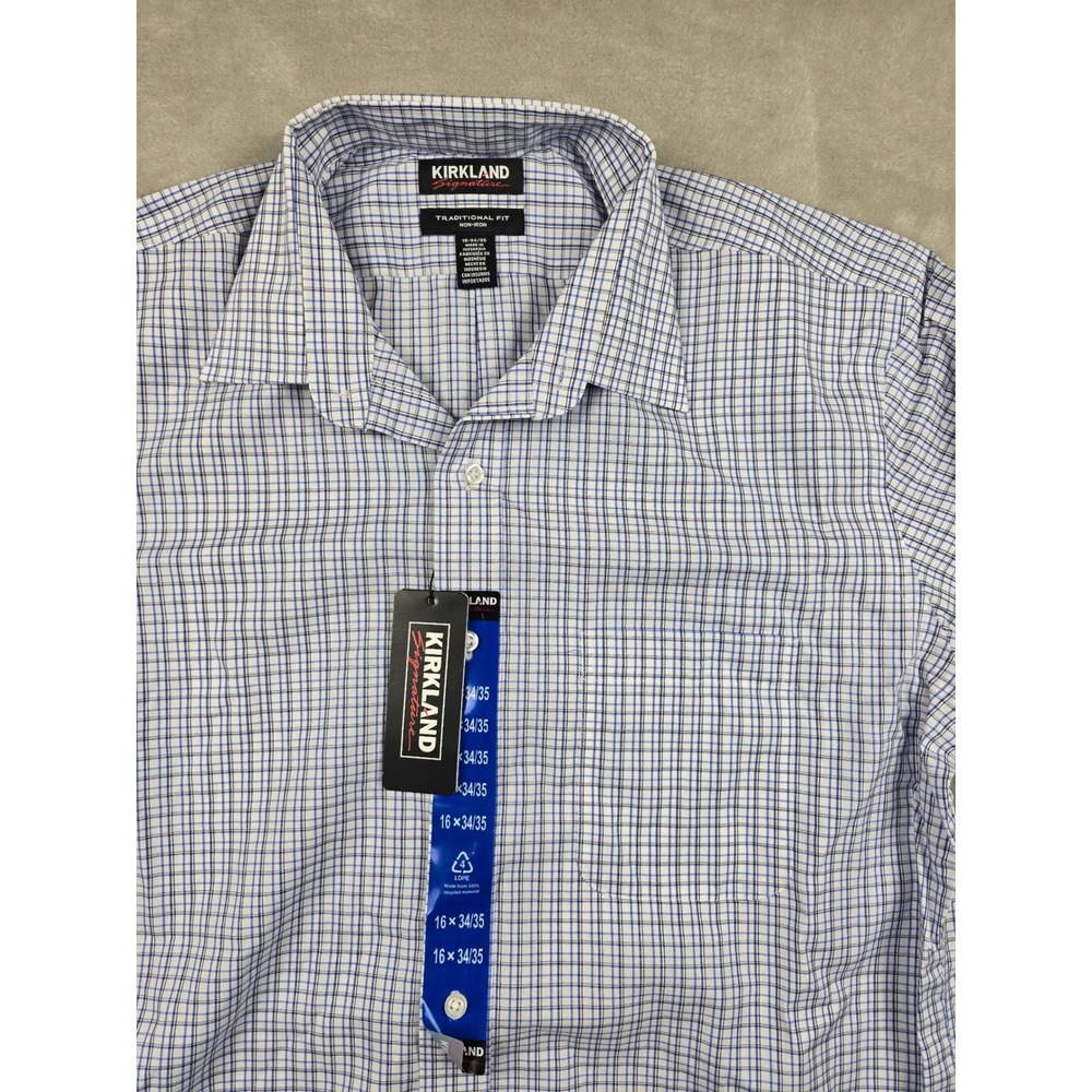 Kirkland Button Up Shirt Mens 16 34/35 Blue White Plaid Non-Iron Pima Cotton